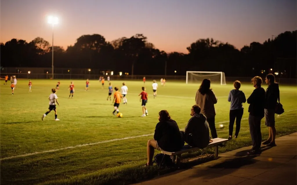 傍晚的社区球场,孩子们在灯光下踢球,家长在场边交流,温暖纪实风格