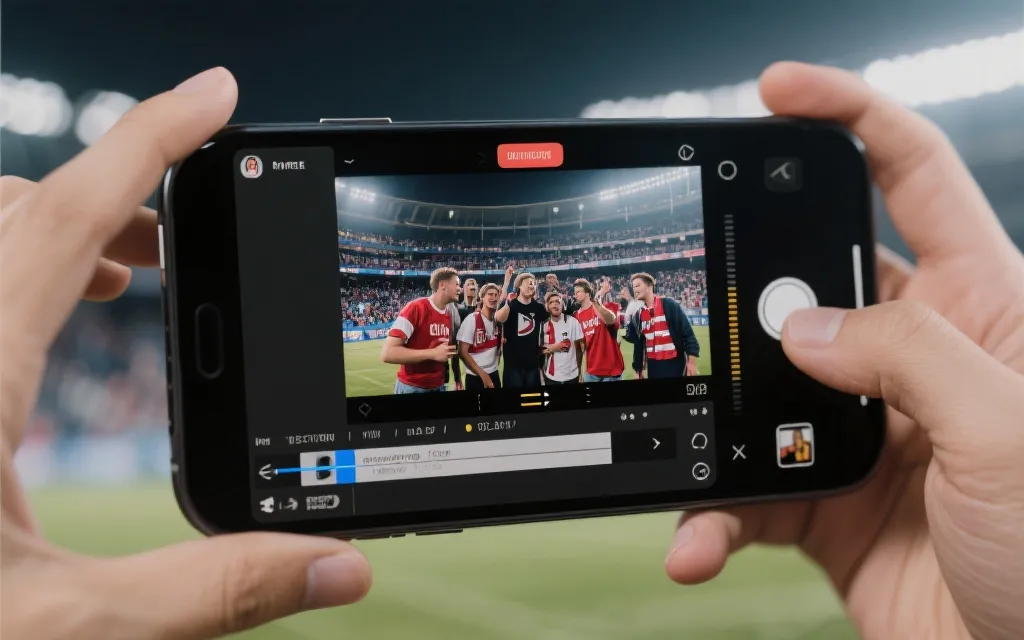 手机屏幕上展示短视频剪辑时间线与看台球迷同框互动的视觉示意