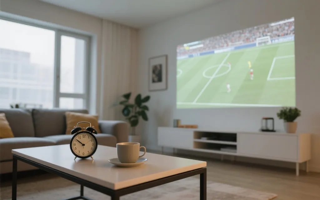 客厅投影观看足球比赛的清晨场景，桌上有闹钟与热饮，体现理性安排作息